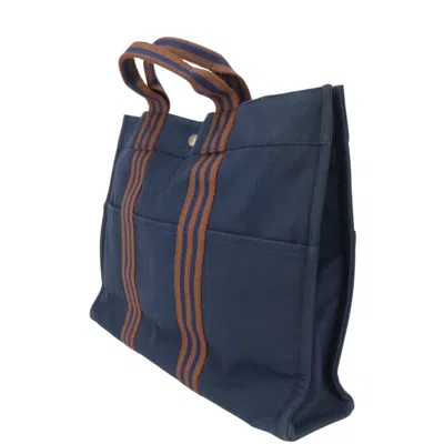Pre-owned Hermes Fourre Tout Brown Navy Cotton Canvas Tote Bag ()
