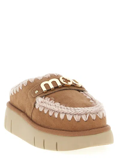 Mou Bounce Beige Mules With Logo Lettering And Open Rear In Leather Woman In Brown