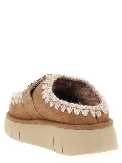 Mou Bounce Beige Mules With Logo Lettering And Open Rear In Leather Woman In Brown