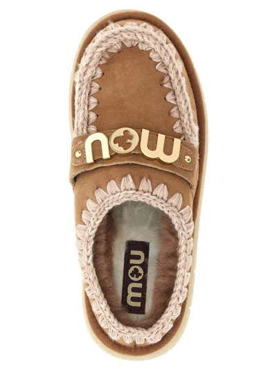 Mou Bounce Beige Mules With Logo Lettering And Open Rear In Leather Woman In Brown