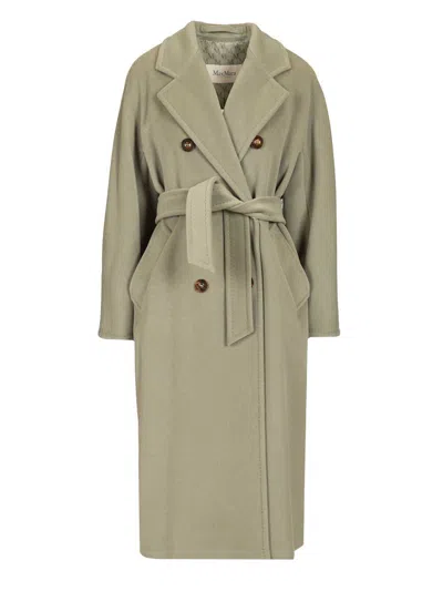 Max Mara Double-breasted Coat With Belt Coats Green In Gray