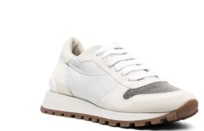 Brunello Cucinelli White Lace Velour Sneakers In White