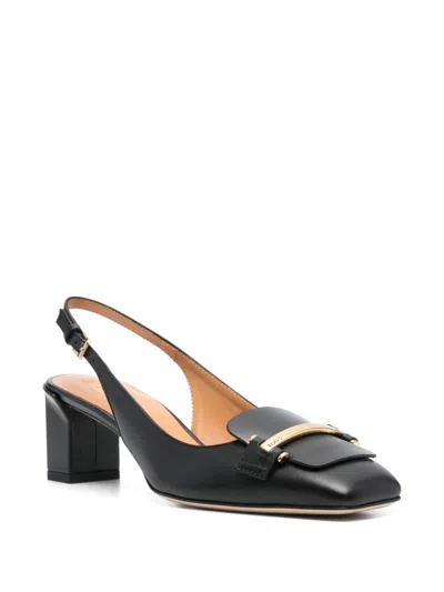 Tod's Branded Metal Bar Leather Slingback In Black