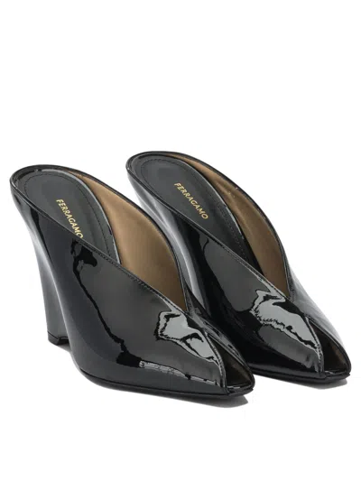 Ferragamo Leather Mules With Wedge Heel And Glossy Finish In Black