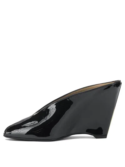 Ferragamo Leather Mules With Wedge Heel And Glossy Finish In Black