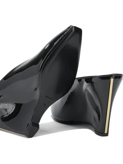 Ferragamo Leather Mules With Wedge Heel And Glossy Finish In Black