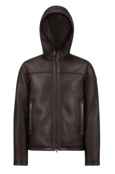 Moncler Charnassere Nappa Leather Shearling Short Down Jacket Brown In Brown