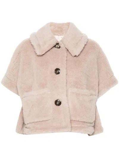 Max Mara Cape In Alpaca And Wool Teddy Fabric In Neutral