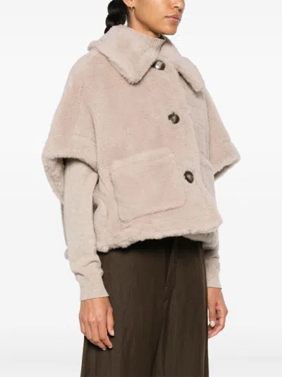 Max Mara Cape In Alpaca And Wool Teddy Fabric In Neutral