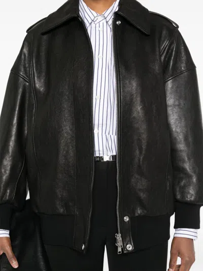 Alexander Mcqueen Black Leather Jacket With Epaulettes In Black