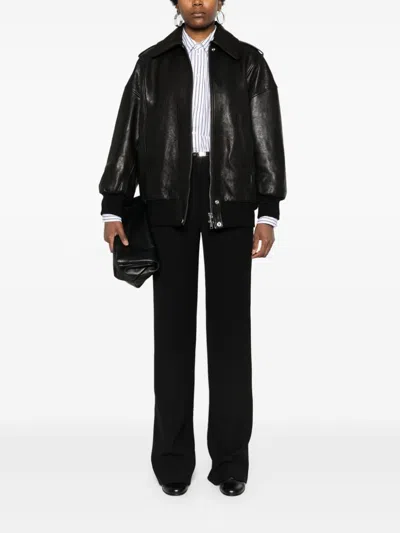 Alexander Mcqueen Black Leather Jacket With Epaulettes In Black