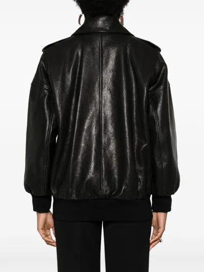 Alexander Mcqueen Black Leather Jacket With Epaulettes In Black