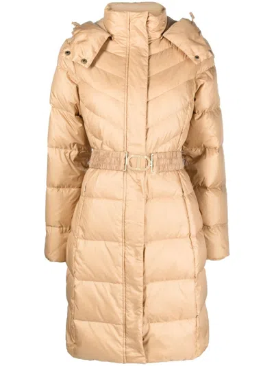 Twinset Hooded Belted Puffer Coat In Brown