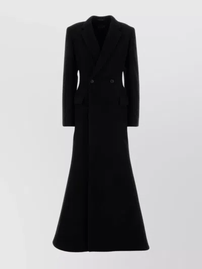 Balenciaga Double-breasted Long Wool Blend Coat With Flared Hem In Black