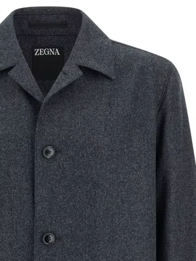 Zegna Wool Jacket Featuring Long Sleeves And Pockets In Blue