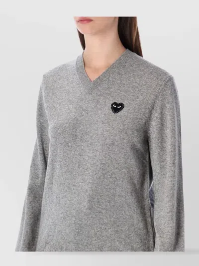 Comme Des Garçons Play Wool V-neck Sweater With Black Heart And Crystals In Gray