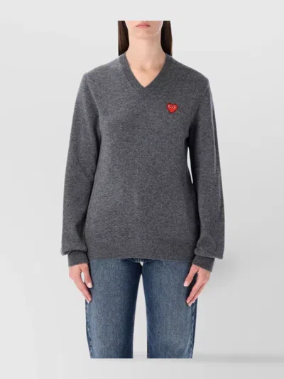 Comme Des Garçons Play Heart Design V Neck Long Sleeve Top In Gray