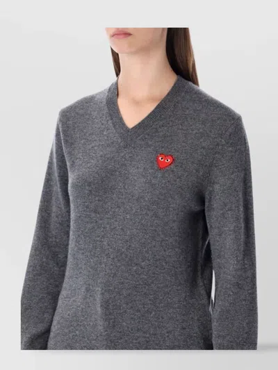Comme Des Garçons Play Heart Design V Neck Long Sleeve Top In Gray