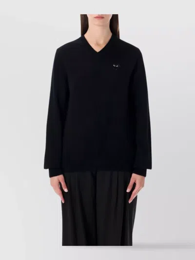 Comme Des Garçons Play Heart Embroidered Long Sleeve V Neck Top In Black
