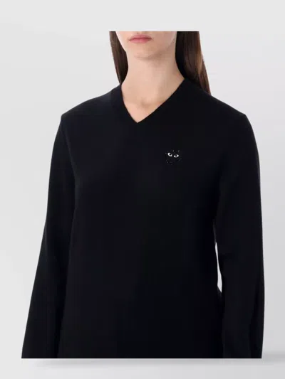 Comme Des Garçons Play Heart Embroidered Long Sleeve V Neck Top In Black