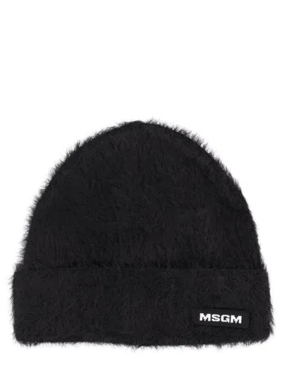 Msgm Cozy Turn-up Brim Fuzzy Hat In Black