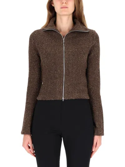 Our Legacy Textured Zip-up Sweater With High Collar And Minimalist Design In Brown