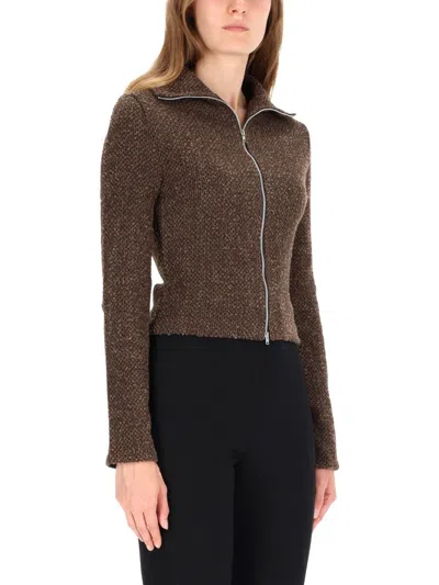Our Legacy Textured Zip-up Sweater With High Collar And Minimalist Design In Brown