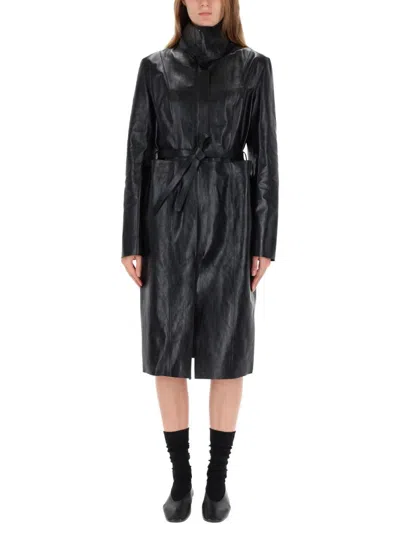 Our Legacy Leather Texture Long Sleeve Belted Coat In Black