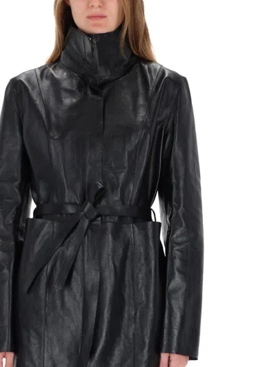 Our Legacy Leather Texture Long Sleeve Belted Coat In Black