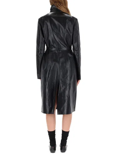 Our Legacy Leather Texture Long Sleeve Belted Coat In Black