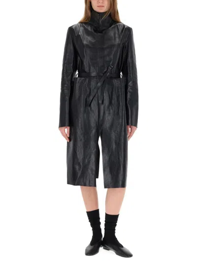 Our Legacy Leather Texture Long Sleeve Belted Coat In Black