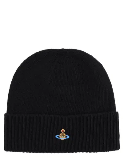 Vivienne Westwood Black Beanie With Orb Patch On The Front And Ribbed Brim In Cashmere Unisex In Blue