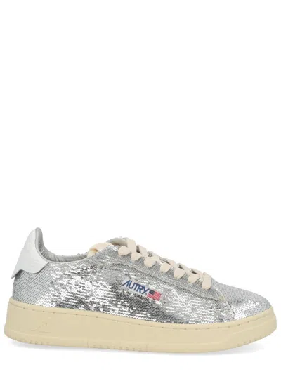 Autry Dallas Low Sparkling Sneakers In Silver And White Sequins Shoes In Multi