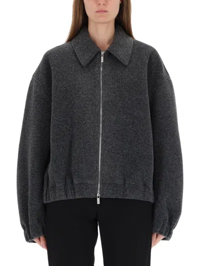 Helmut Lang Long Sleeve Bomber Jacket With Elastic Hem In Gray