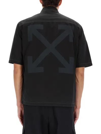 Off-white Arrow Print Zip-up Short-sleeve Shirt In Black