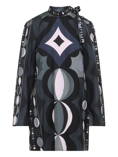 Pucci Geometric Pattern Long Sleeve High Neck Dress In Blue