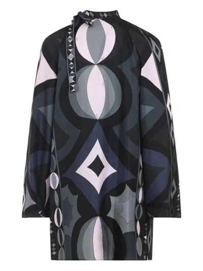 Pucci Geometric Pattern Long Sleeve High Neck Dress In Blue