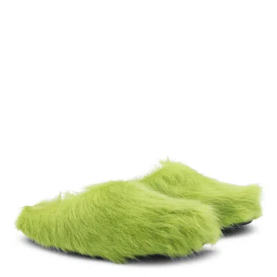 Marni Faux Fur Round Toe Slippers With Heel In Green