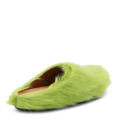 Marni Faux Fur Round Toe Slippers With Heel In Green