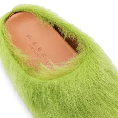 Marni Faux Fur Round Toe Slippers With Heel In Green