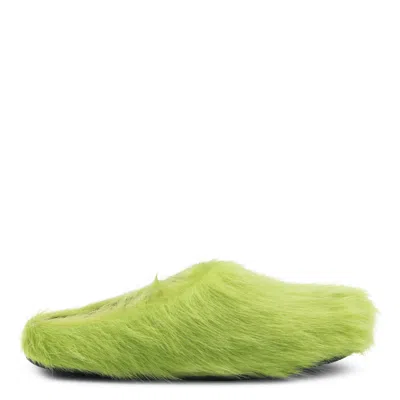 Marni Faux Fur Round Toe Slippers With Heel In Green