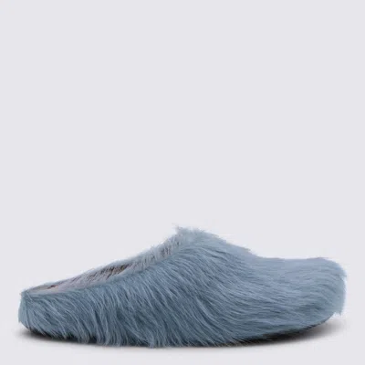 Marni Faux Fur Round Toe Slippers With Heel In Blue