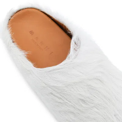 Marni Faux Fur Round Toe Slippers With Heel In White