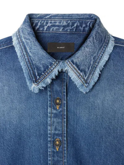 Alanui Fringed Cropped Denim Shirt In Dark Wash