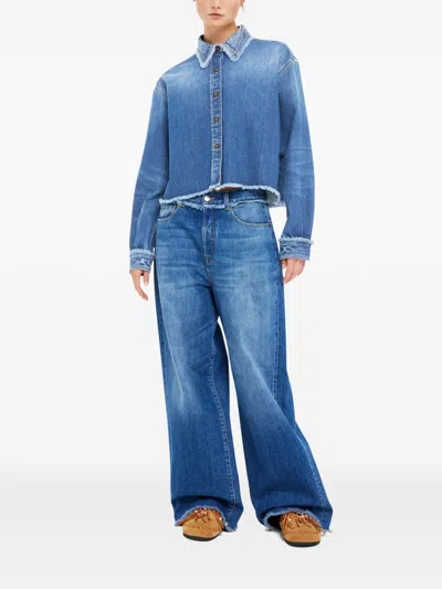 Alanui Fringed Cropped Denim Shirt In Dark Wash