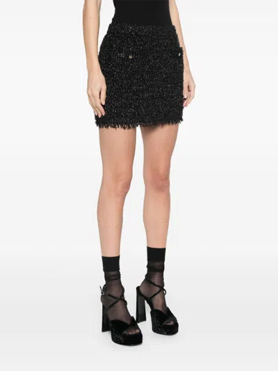 Gucci Black Skirt With Gg Buttons And Fringed Hem In Tech Fabric Woman In Black