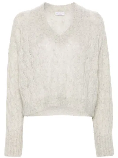 Brunello Cucinelli Light Grey Cable Knit Sweater In White