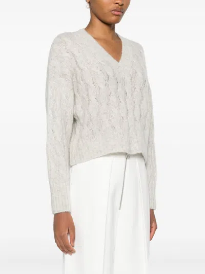 Brunello Cucinelli Light Grey Cable Knit Sweater In White