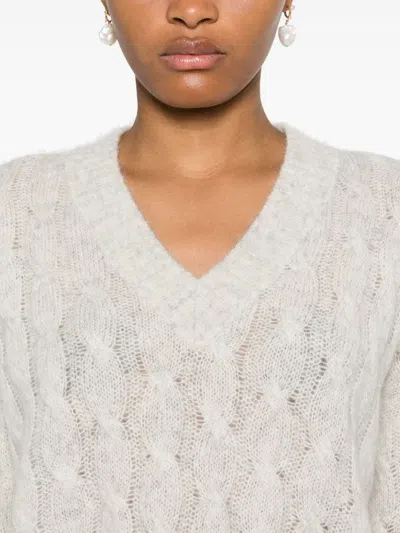 Brunello Cucinelli Light Grey Cable Knit Sweater In White