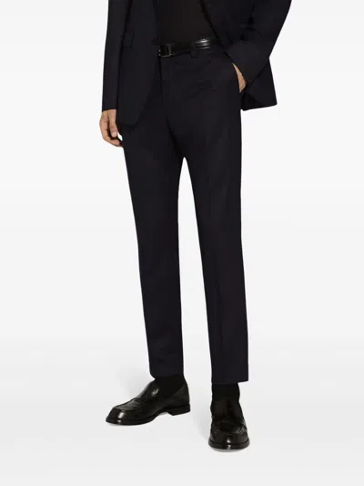Dolce & Gabbana Navy Blue Wool Straight-leg Trousers In Black